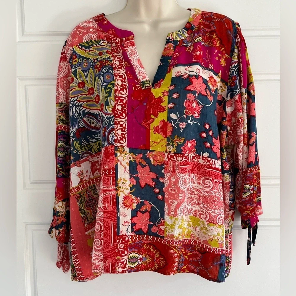 Jones New York Patchwork Floral Paisley Boho Blouse 3/4 Tie Sleeve 1X